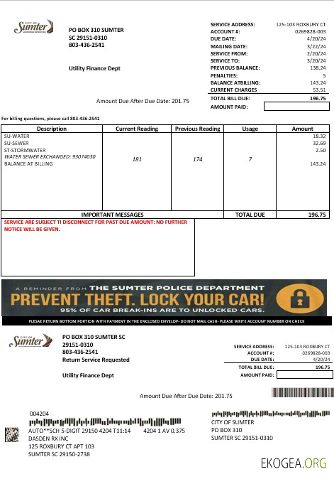 Modèle de facture de services publics de l'eau de la ville de Sumter, en Caroline du Sud, aux formats Word et PDF